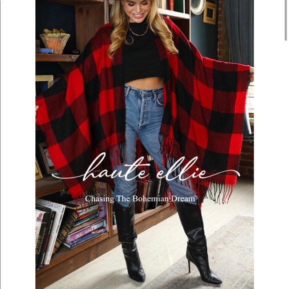 Buffalo Check Poncho Fringe Ruana - Picture 3 of 9
